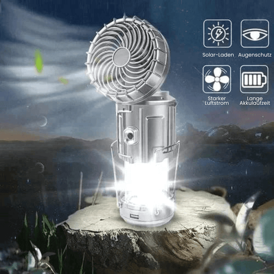 LumiBreeze™ – Lámpara LED portátil para camping con ventilador y powerbank solar